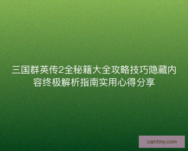 三国群英传2全秘籍大全攻略技巧隐藏内容终极解析指南实用心得分享